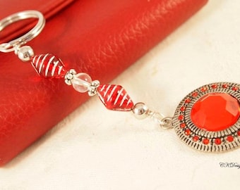 SALE Red Charm Keychain, Beaded Keyring, Gift for Her, Bag Charm, Czech Beaded Key Chain, OOAK Handmade Keychain. CKDesigns.US