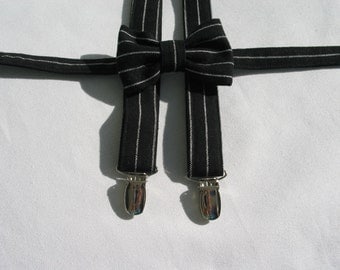 Black and White Stripe Bow Tie and Suspenders, Little Boy Clothing, Toddler Wedding Bow Tie, Ring Bearer Black with White Stripe Braces