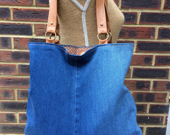 Recycled Denim bag- Blue denim bag- MEDIUM tote/saddle style- strong tan leather handles.