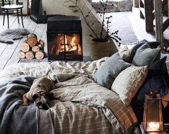 Checkered Duvet cover 100% Linen Flax Taupe Gray color - Washed Softened Heavy weight - Twin Full Queen King California King - All size