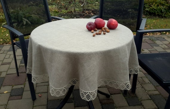 Round Linen Tablecloth Burlap Checked Natural Gray Prewashed Linen Lace