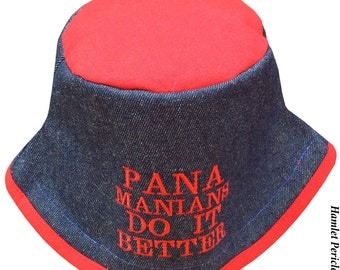 Blue Denim Red Poly-cotton Bucket Hat | Panamanians Do It Better Embroidered Hat | Panama Hat | Denim Hat by Hamlet Pericles | HP3916d