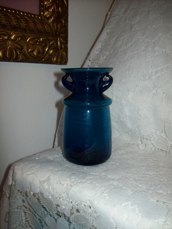 Vintage Blue Bubble Glass Vase w/ Small Handles Only 12 USD