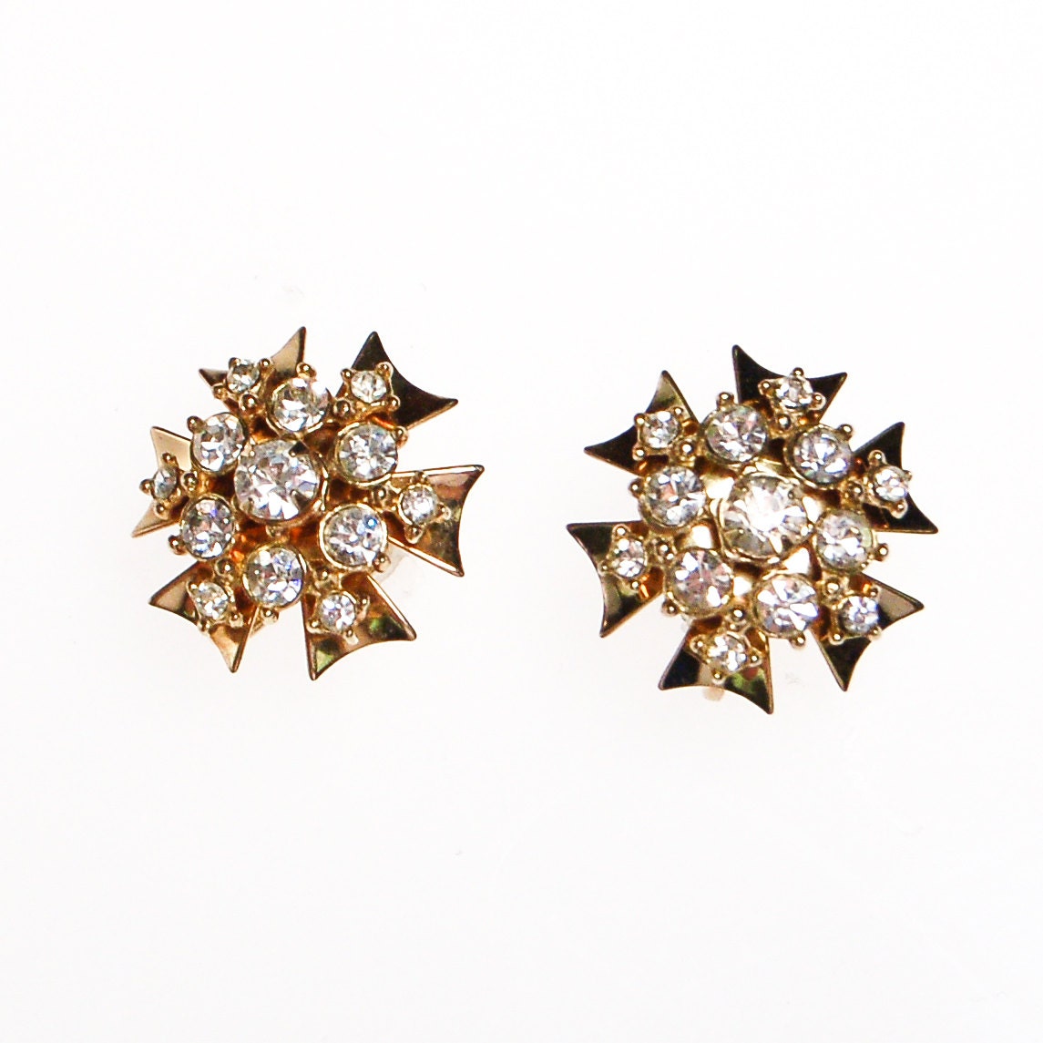 Gold Maltese Cross Earrings with Rhinestones Starburst