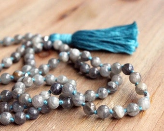 Labradorite Mala Necklace - Prayer Beads Meditation Mantra 108 Mala Yoga Japa Hindu Knotted Rosary