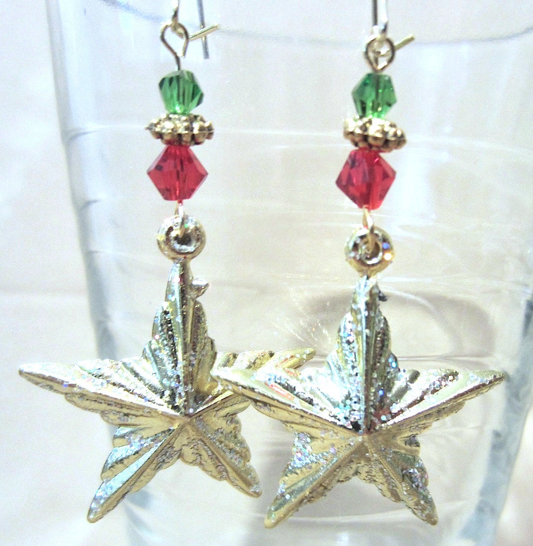 Gold Star Earrings Gold Glitter Christmas Stars w/ Red