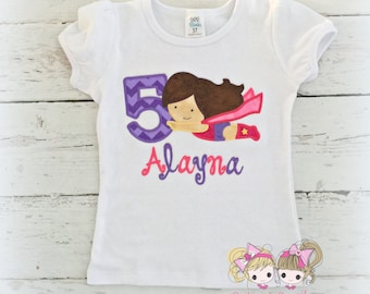 Supergirl birthday shirt - superhero birthday shirt - flying superhero girl shirt in pink and purple - personalized birthday shirt