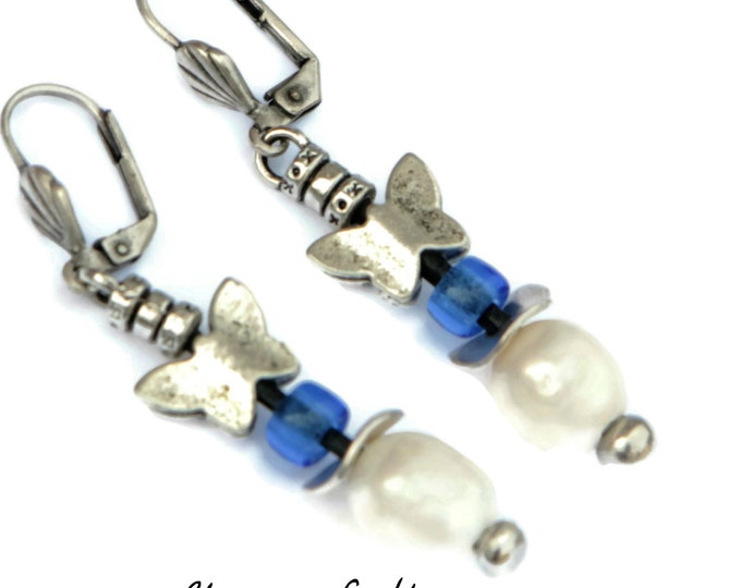 Silver earring, Pearl Earrings, Boho Earrings, Leather Dangle Earring, Butterfly earrings, pearl Earrings, leather accessory