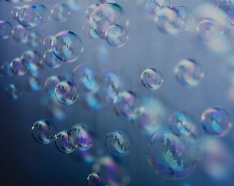 Bubble Photograph, Bathroom Wall Decor, Denim Blue Artwork, Airy Blue Wall Art, Nursery Decor, Childrens Photography, Soap Bubble Picture
