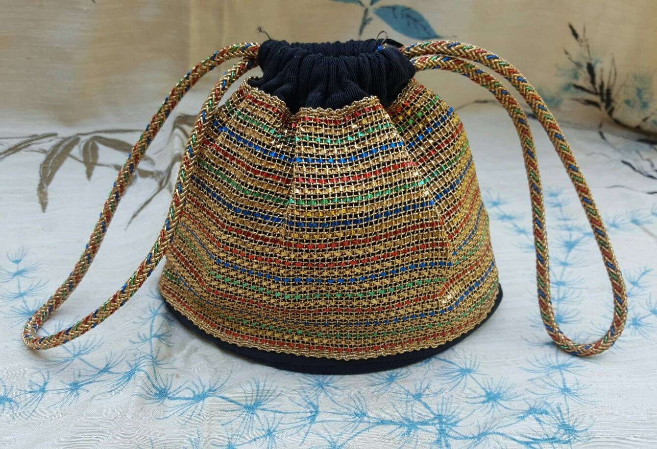 Vintage Gold Multi Color Drawstring Purse Small Evening Bag