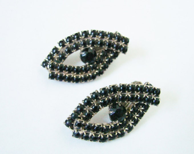 1950s Vintage Black Rhinestone Clip Earrings / Jewelry / Jewellery