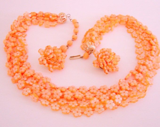 Vintage Light Coral Floral Bead Necklace & Cluster Clip Earrings / Demi Parure / Multi Strand / Hong Kong / Jewelry /Jewellery