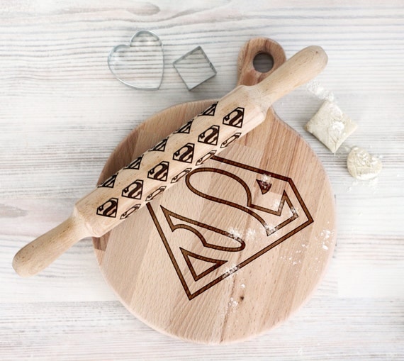 Comic Superhero cutting board and rolling pin - Superman Wooden Laser Engraved - Personalized Engraved