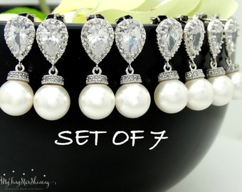 Set of 7 Pearl Earrings Bridesmaid Gift Wedding Jewelry Pearl Bridal Earrings Swarovski Crystal Pearl Earrings Silver 15% discount
