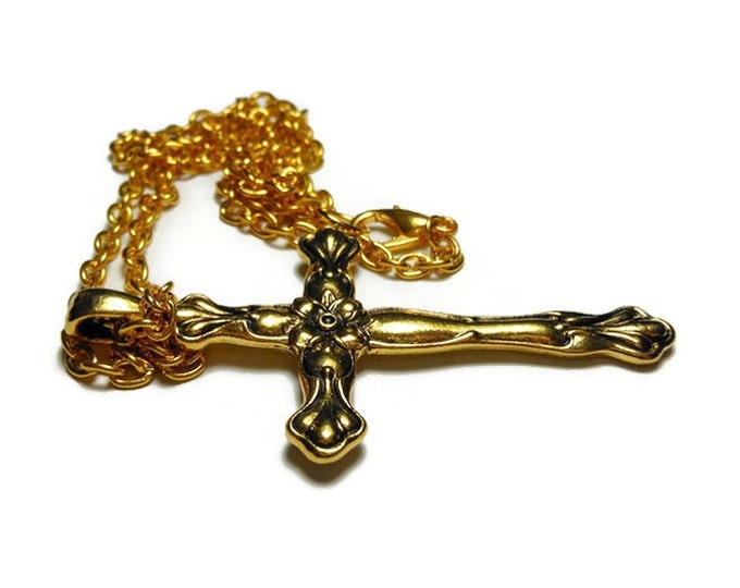 FREE SHIPPING Gold plated cross pendant, detailed antiqued gold plated floral cross pendant and chain large bail, unisex men's woman's