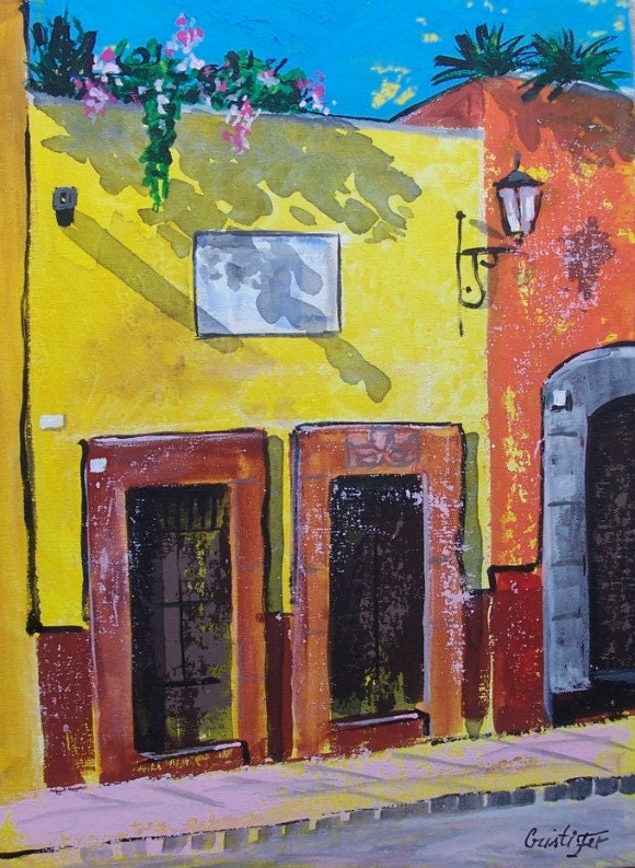 Original painting of old doors wall with street light and