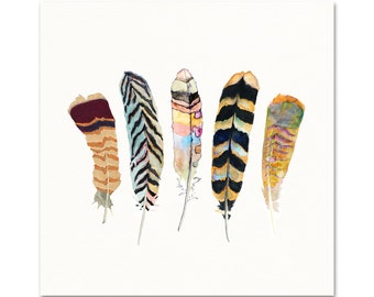 Colorful Feather Art Print. Pretty Southwest Feather Painting. Eclectic Apartment Wall Art. Gallery Wall Nature Decor. Unique Feather Decor.