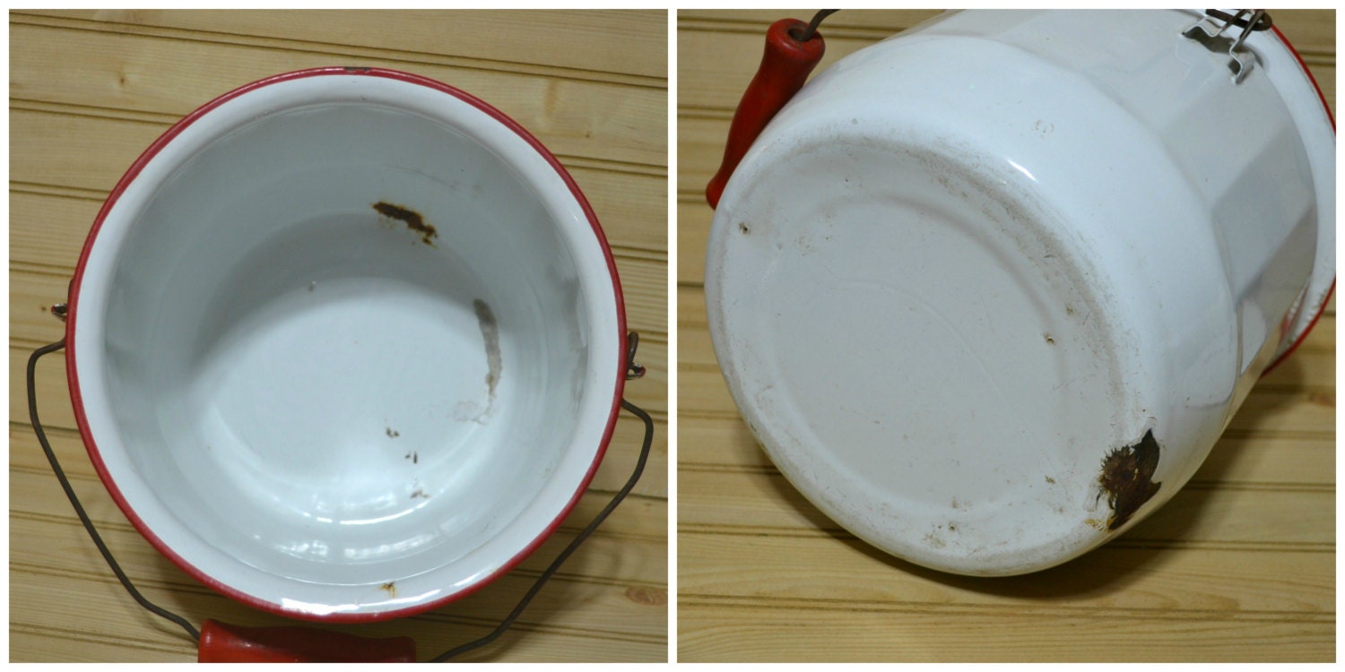 Vintage White Enamel Ware Pot Lid Wooden Handle Pail Porcelain