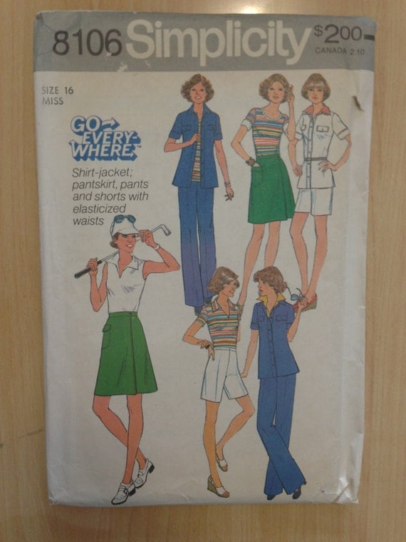 Simplicity Sewing Pattern 8106 Uncut 70s Misses Pantsuit, Skirt, Shorts, And Shirt Jacket Size 16