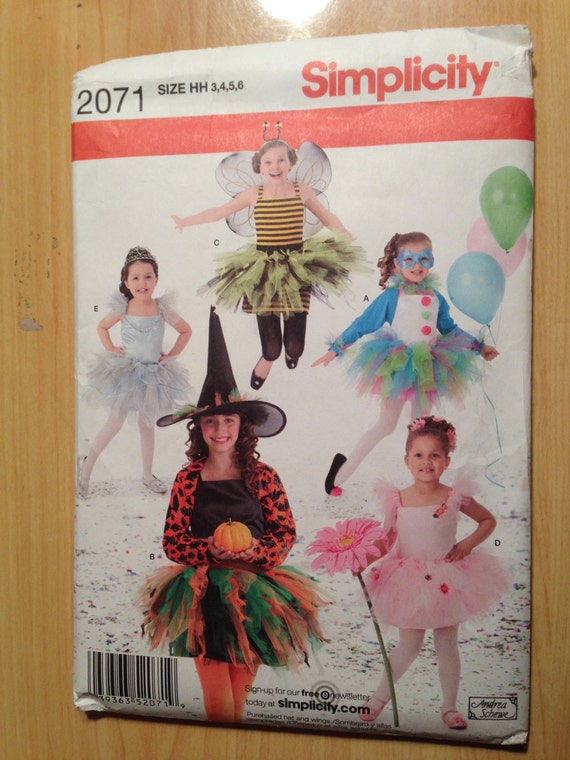 Simplicity 2071 Sewing Pattern Girl's Costume Princess, Witch, Bumble Bee, Ballerina and Jester Size 3-6
