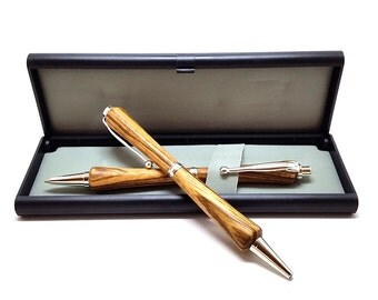 Zebrawood Pen and Pencil Set - Slimline Style with Silver Finish