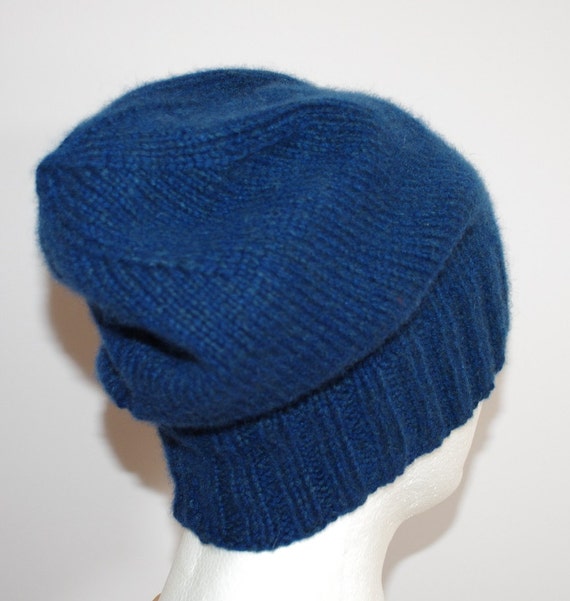 8 Ply Cashmere Blue Hand Knit Thick Slouchy Beanie Hat for Men