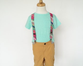Hot Pink, Mint and Blue Plaid Suspenders