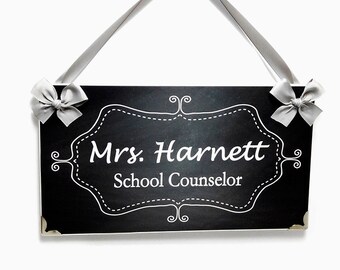 custom school counselor name office door sign - grey chalkboard inspired white flourish frame plaque - PL200