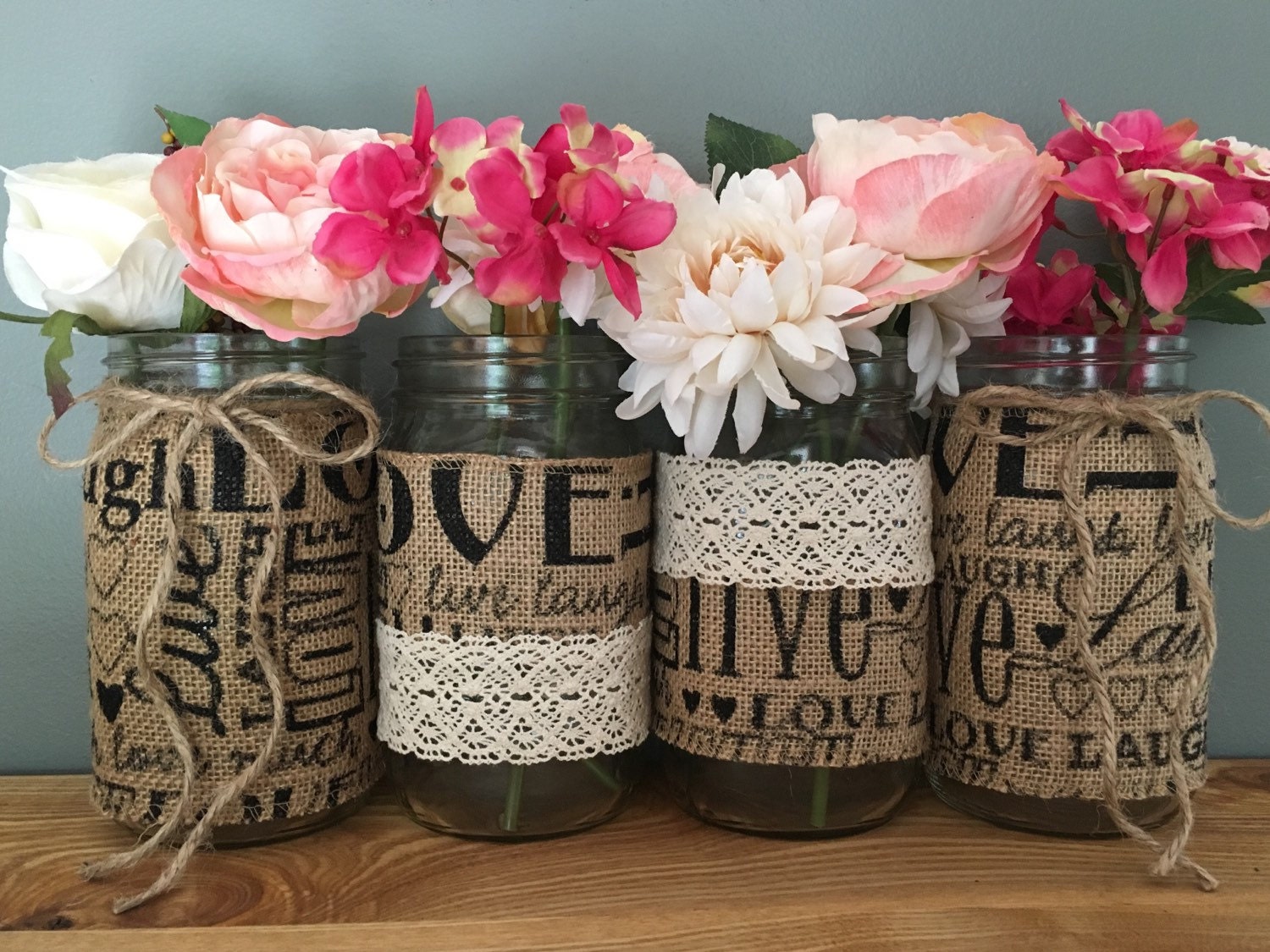 Set Of 4 Quart Size Burlap And Lace Covered Mason Jars Mason   Il Fullxfull.1026820695 T14a 