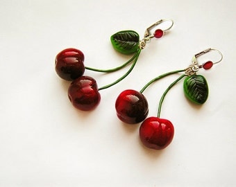 Cherry Earrings Red, cherry jewelry, bright fashion jewelry, handmade, pin-up red jewelry, cherries