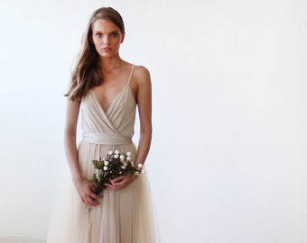 Champagne tulle maxi dress, Bridesmaids straps maxi gown, Fairy tulle maxi dress 1053