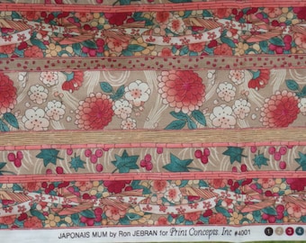 Cotton Quilting Fabric- Japonais Mum by Ron Jebran, Woven Cotton Fabric - Floral Stripe in Coral, Green & Tan - 30" x 44" - OOP