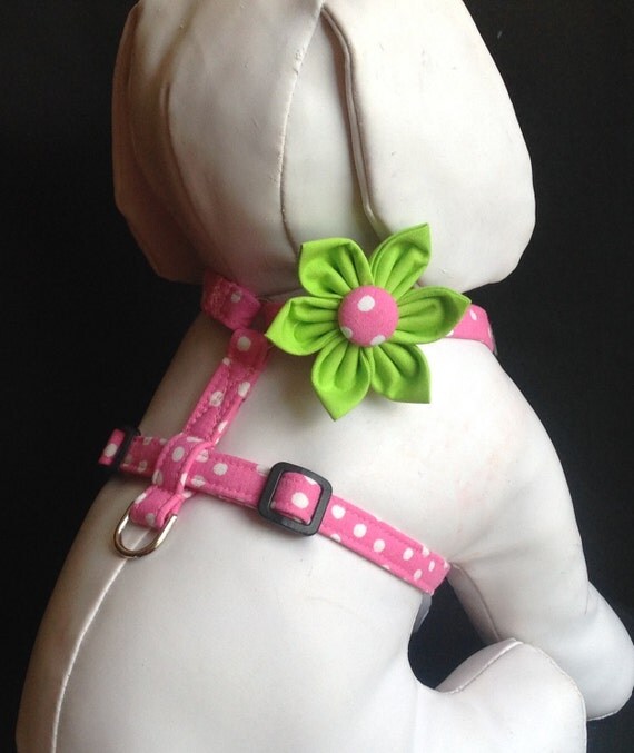 Adjustable Dog Harness Pink & White Polka Dot Available