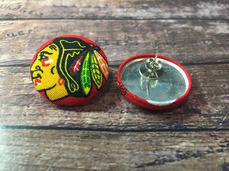 Chicago Blackhawks Fabric Button Earrings by OnlyYoursJewelry