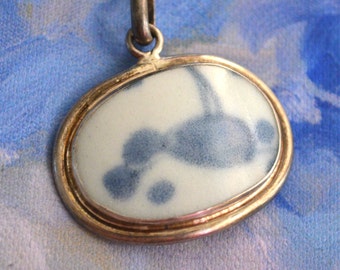 Blue and White Pottery Pendant Vintage 925 Sterling Silver Handmade. Pottery Shard in Sterling Silver Necklace. One of a Kind Jewelry