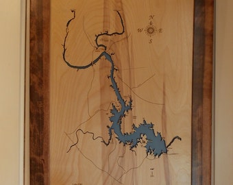 Wood Laser Cut Map of Lake Lyndon B. Johnson, TX Topographical Engraved Map