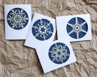 Snowflake Holiday Greeting Card Set of 4: Laser cut snowflake cards