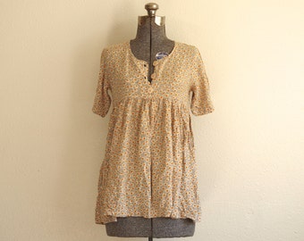 1990s At Last & Co Sunflower Print Empire Waist Babydoll Rayon Tunic | Size Small