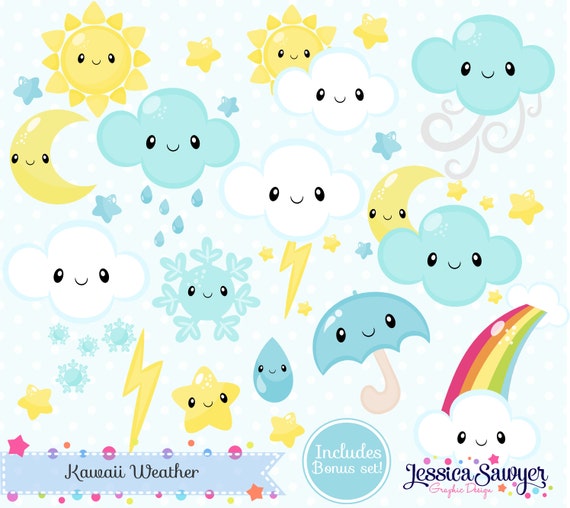 Download INSTANT DOWNLOAD Kawaii Weather Clipart and Vectors for