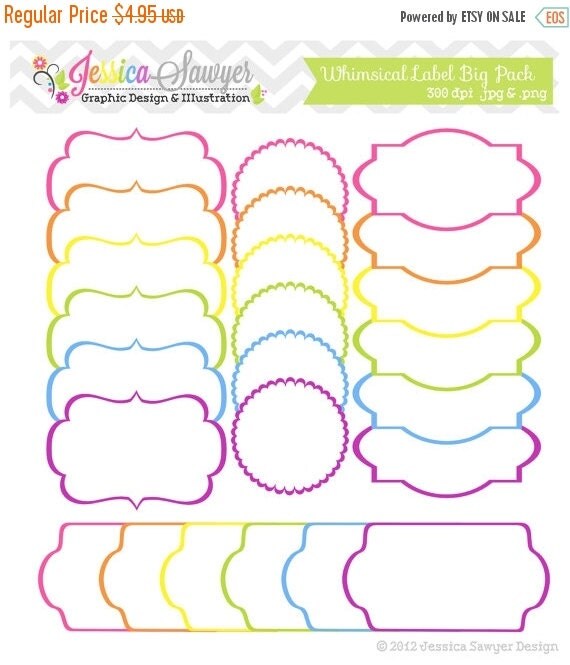 80% OFF - whimsical label big pack - tag clipart - printable labels - rainbow - cards - invitations - scrapbook - digital frames Il_570xn