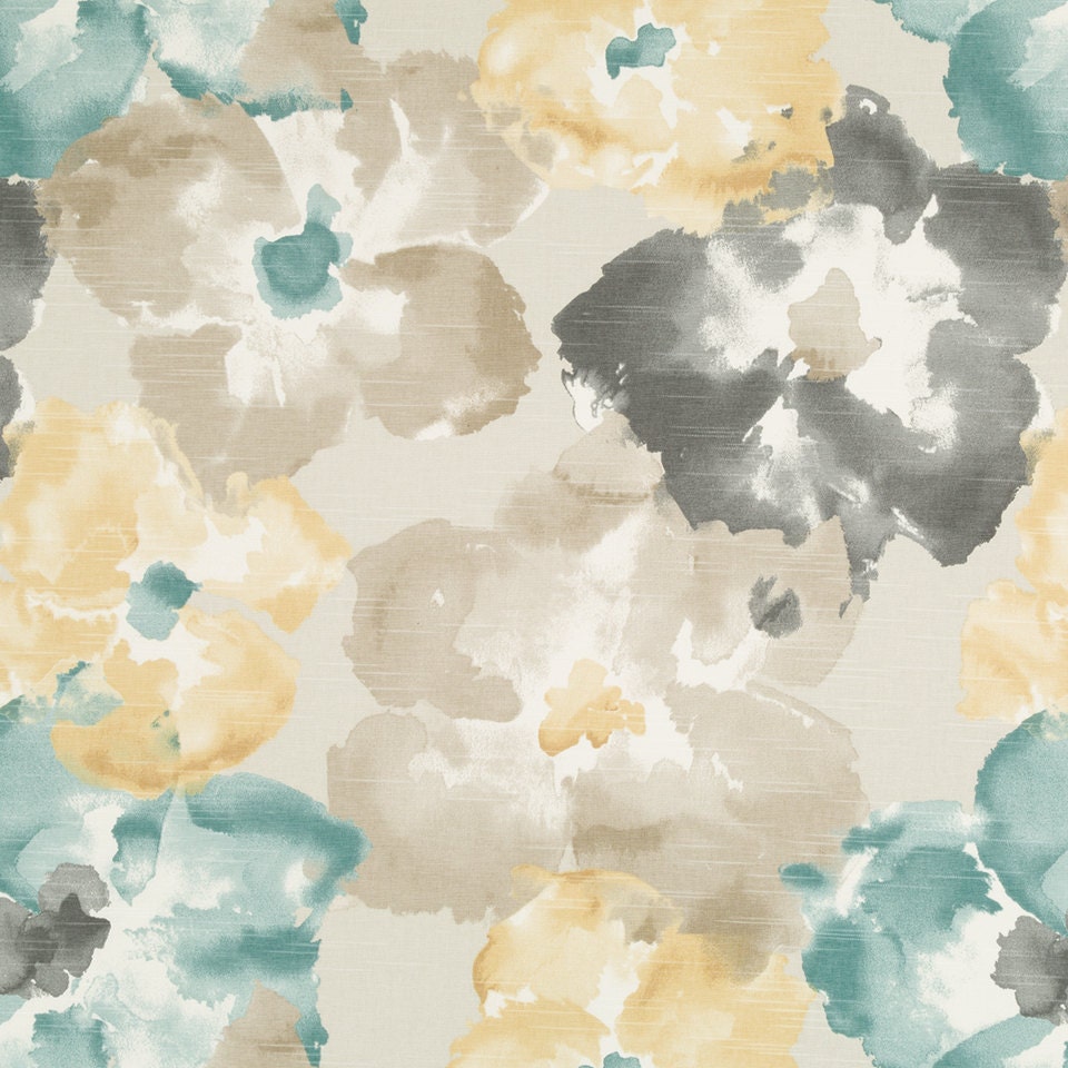 Aqua Grey Floral Upholstery Fabric Modern Yellow Grey
