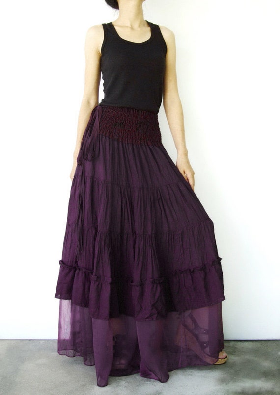 NO.36 Dark Purple Cotton Tiered Peasant Skirt Long Maxi Skirt