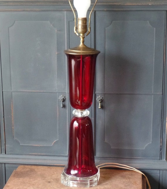 Vintage Red Glass Lamp Tall Art Deco Table lamp Home
