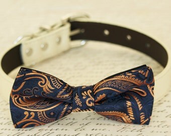 Gold Navy dog bow tie collar, bow attached to dog collar, Dog Birthday gift, dog lovers, Pet wedding accessory, Gold wedding, Gold Navy