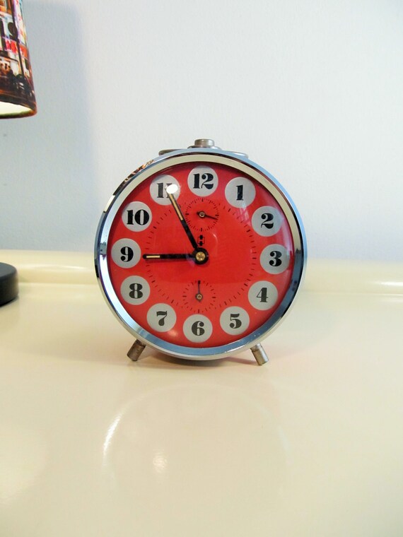 Vintage Alarm Clock Orange color Metal Clock Made in Germany