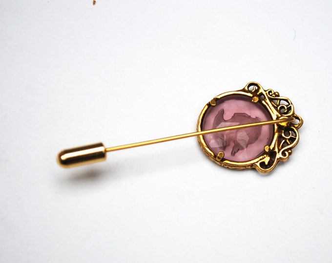 Cameo Stick pin carved Pink Glass Intaglio Cameo Victoria revival gold pin brooch