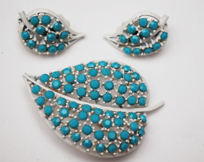 Lisner Leaf Brooch and earring Set Light Blue glass Rhinestone and white enamel Mid Century