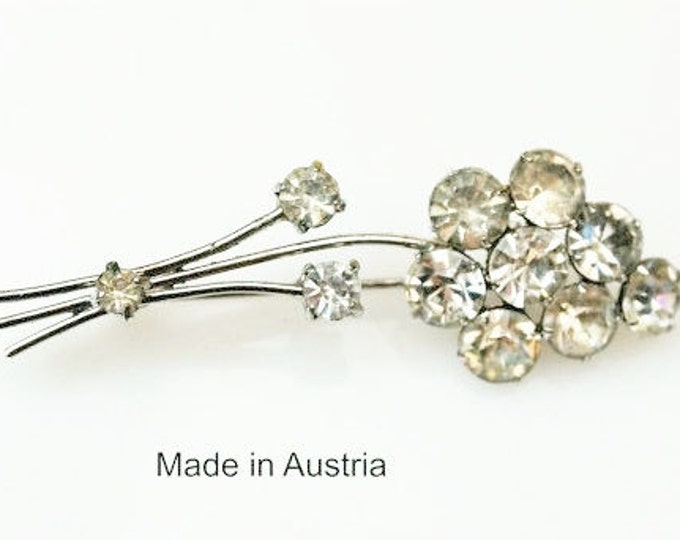 Rhinestone Flower Brooch - Signed Austria - Clear Crystal - silver metal- Floral Pin