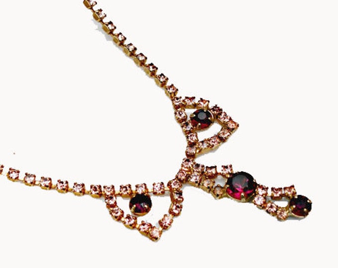Purple Pink Rhinestone necklace - Princess length - vintage necklace