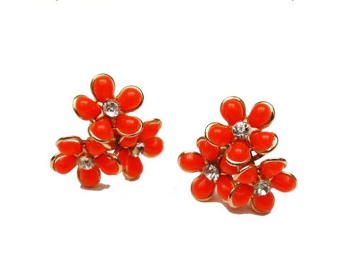 Orange Thermoset Flower Earrings screwback and rhinestones